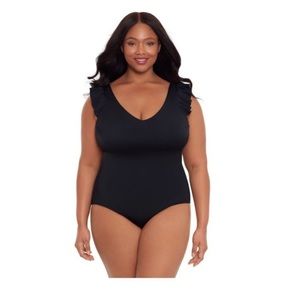 Time and Tru swimsuit one piece ruffled shoulder v-neck